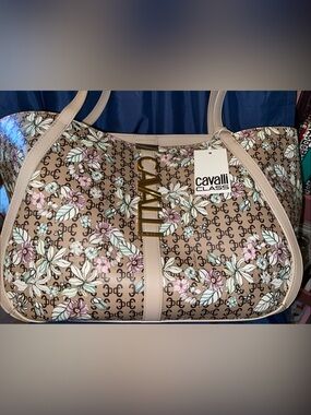 Cavalli Class Beige Floral Logo Tote with Gold Hardware